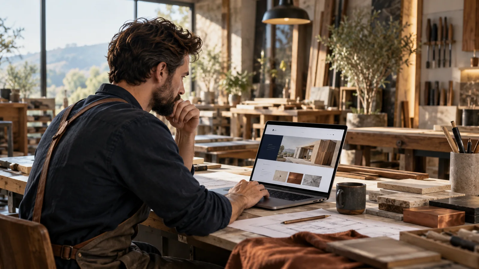 Symbolbild: Handwerker betrachtet eine Website auf einem Laptop
